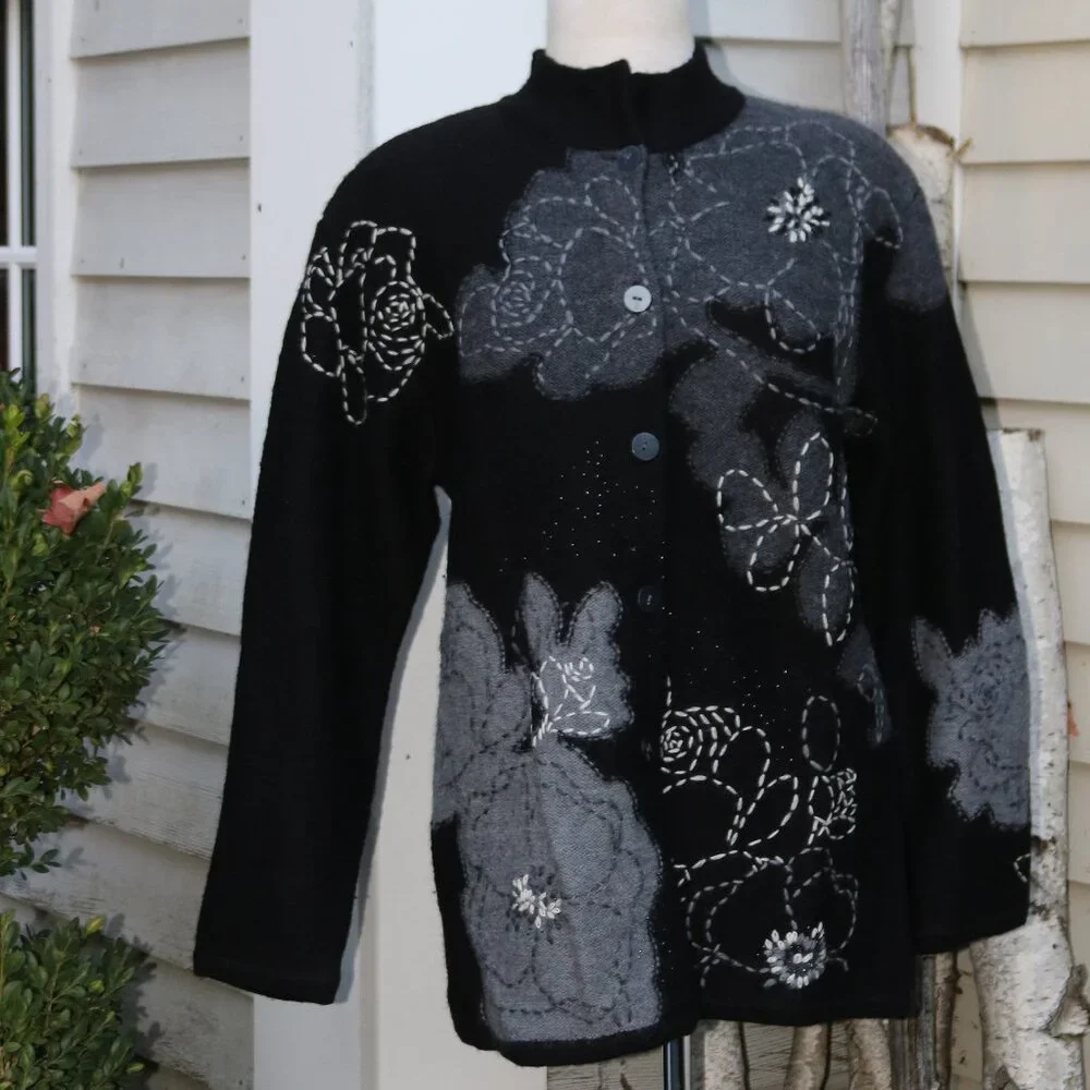 Susan Bristol Black and Gray Floral Cardigan - Picture 1 of 8